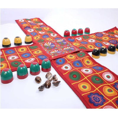Traditional Indian Ludo Board Game Play Mat With 16 Wooden Soldiers, 7 Shells(Dice) for Kids/Adult/Family Fun Activity
