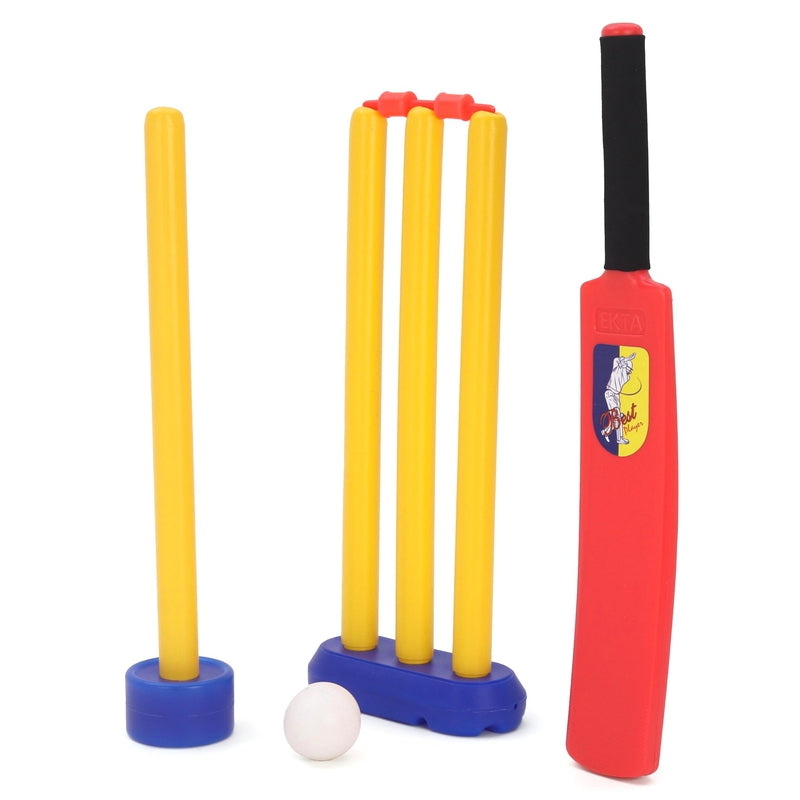 Ekta Cricket Set Junior Box (1 Bat, 1 Ball, 1 Big Wicket Base, 1 Small Wicket Base, 1 Bale & 4 Wickets)