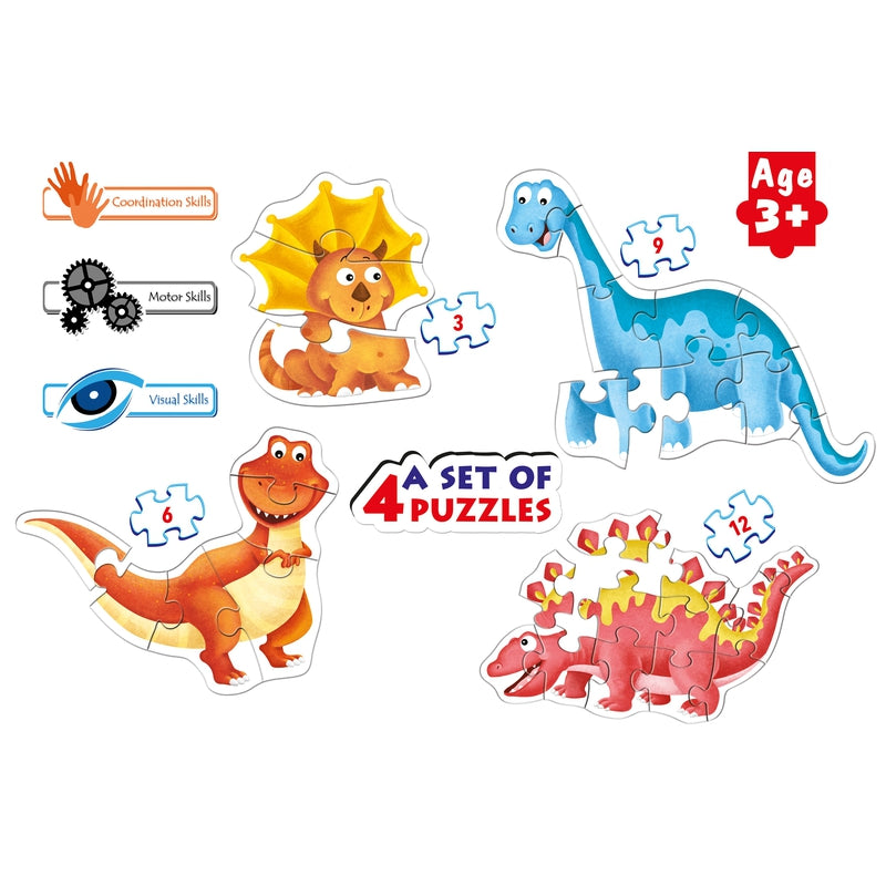 Dinosaurs - A Set of 4 Shaped First Puzzles - 3, 6, 9 & 12 Pieces