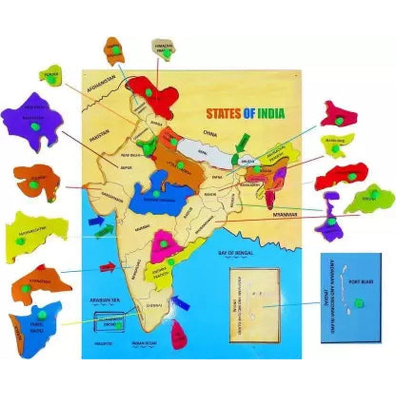 Wooden India Map Educational Knob Tray (18 Pieces)