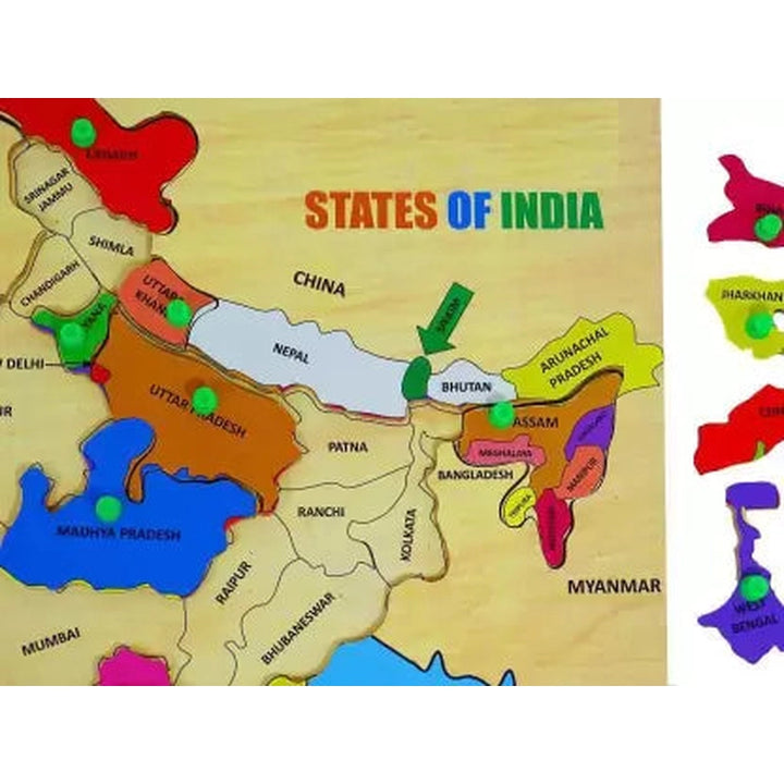 Wooden India Map Educational Knob Tray (18 Pieces)