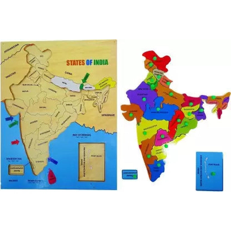 Wooden India Map Educational Knob Tray (18 Pieces)