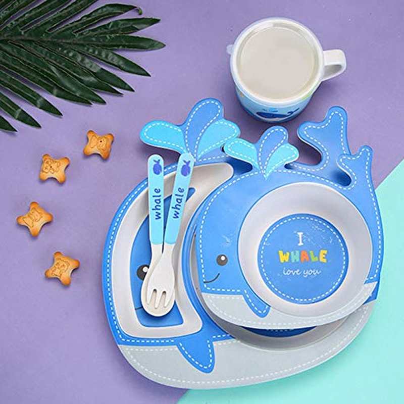 Cartoon Animal Whale Bamboo Fiber Dinnerware Plate and Bowl Set for Kids Eco Friendly Non Toxic Self Feeding Baby Utensil Set of 5 Pcs - Multicolor