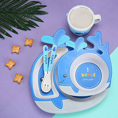 Cartoon Animal Whale Bamboo Fiber Dinnerware Plate and Bowl Set for Kids Eco Friendly Non Toxic Self Feeding Baby Utensil Set of 5 Pcs - Multicolor