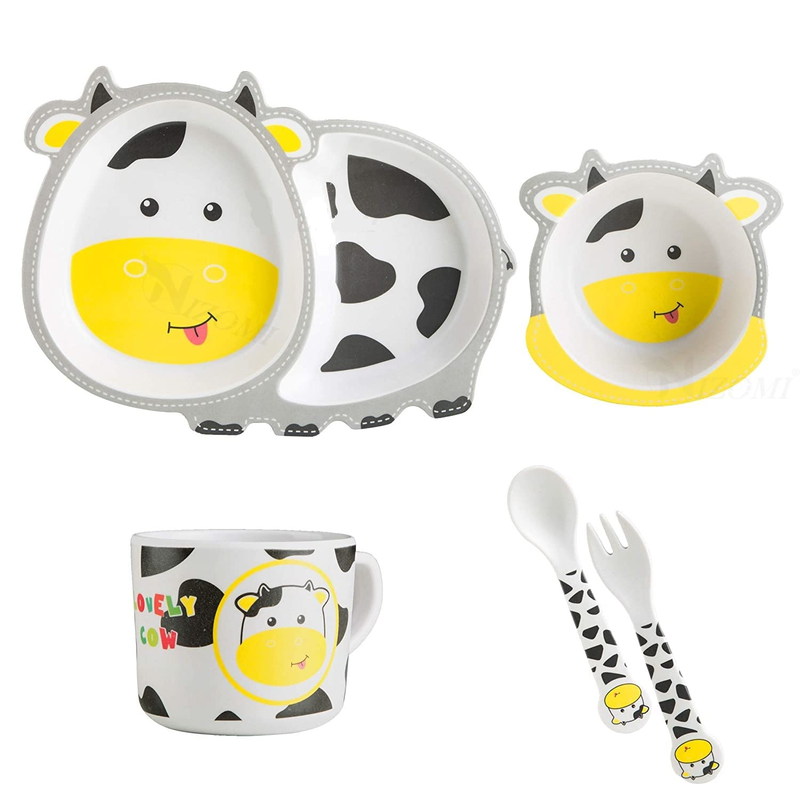 Cartoon Animal Cow Bamboo Fiber Dinnerware Plate and Bowl Set for Kids Eco Friendly Non Toxic Self Feeding Baby Utensil Set of 5 Pcs - Multicolor