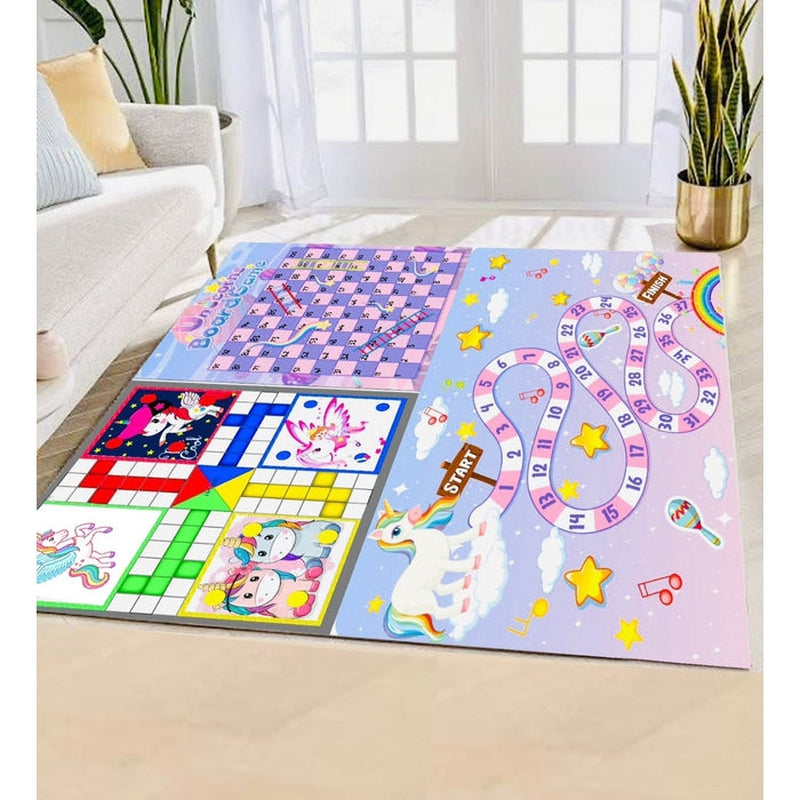 Unicorn Printed Jumbo 3 in 1 Ludo, Snake & Ladder Kids Play Mat Dice & Tokens, Reversible Big Size