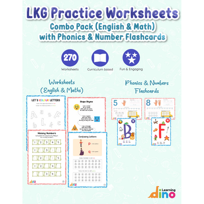 LKG Practice Worksheets Combo Pack (English & Math) with Phonics and Number Flashcards