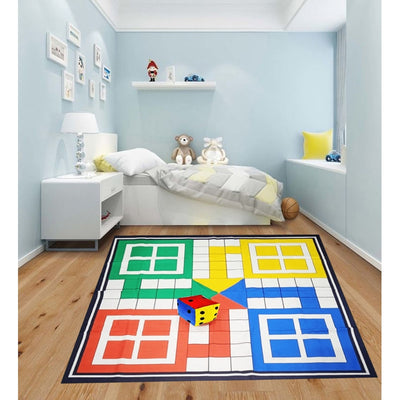 Foldable Ludo Board Game Big Size Floor Play Mat 4 X 4 Feet with Dice 4 Inches 1 Tokens Anti-Skid Family Fun Outdoor Indoor Activity Playing