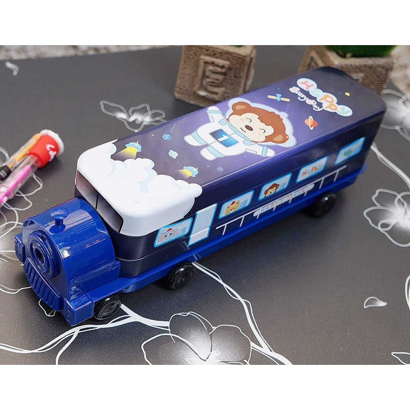 Multi-functional Metal Pencil Box Sharpener Insert Pencil Box Double Layers Stationery Item Train Engine Shape Geometry Box for Kids - Space Dark Blue