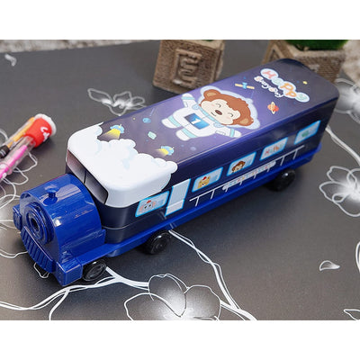 Multi-functional Metal Pencil Box Sharpener Insert Pencil Box Double Layers Stationery Item Train Engine Shape Geometry Box for Kids - Space Dark Blue