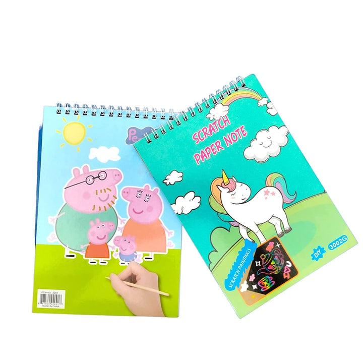 Pack of 2 - Scratch Paper Drawing Book with Wooden Stylus Stick | Peppa Pig & Unicorn (5-8 Years)