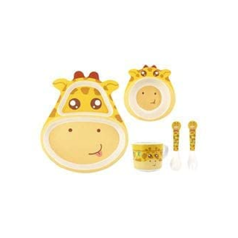 Cartoon Animal Giraffe Bamboo Fiber Dinnerware Plate and Bowl Set for Kids Eco Friendly Non Toxic Self Feeding Baby Utensil Set of 5 Pcs - Multicolor