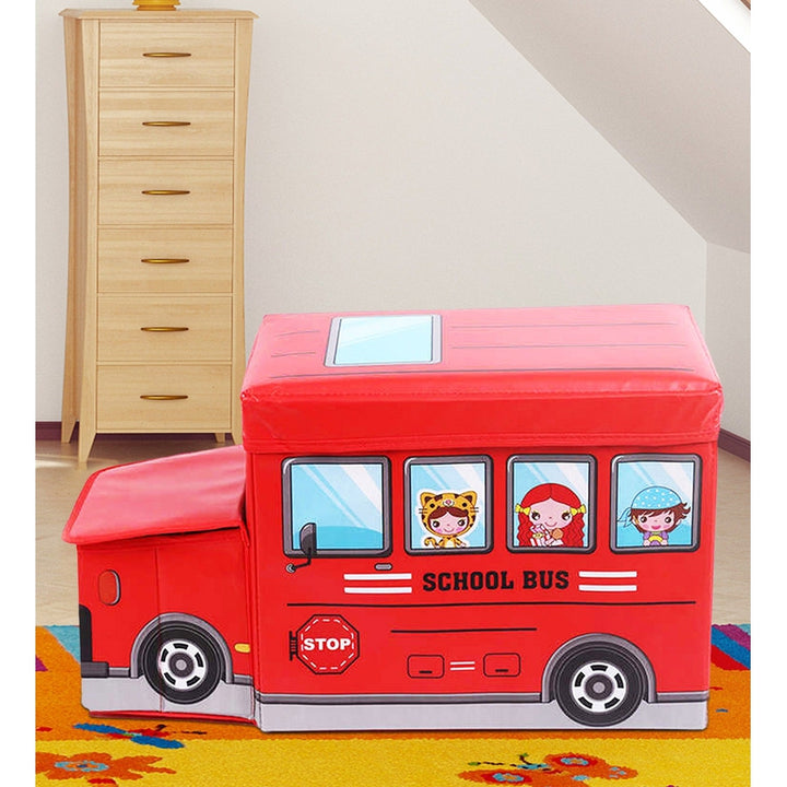 Portable Folding School Bus Laundry Orgainzer Cum Sitting Stool for Kid Toys, Games, Books Red Storage Box Multipurpose Uses