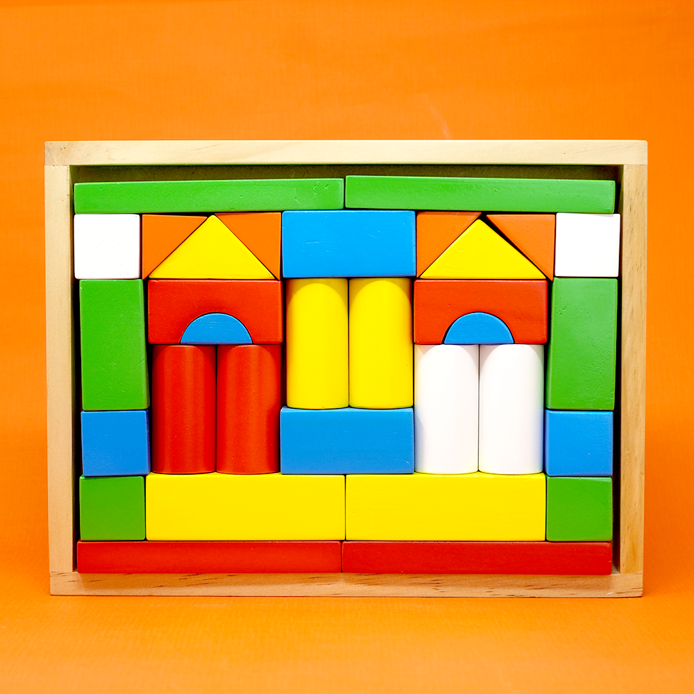 Wooden Geometrical Shapes & Building Blocks (with a wooden tray)