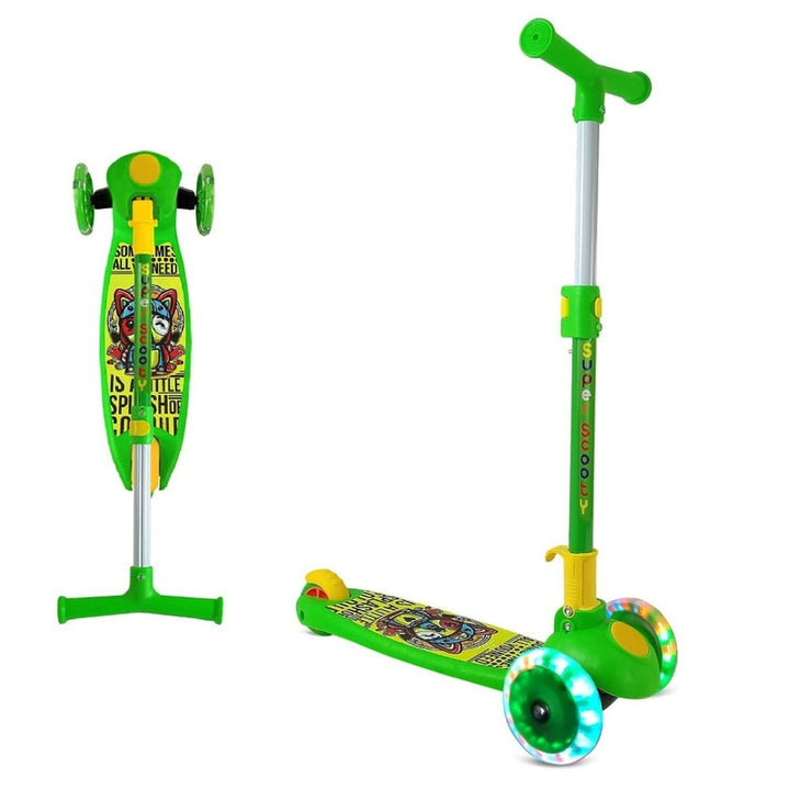 Kids Green Scooter  Adjustable & Fold-able Handle Green Printed Flashing LED Wheels Ride on Scooters