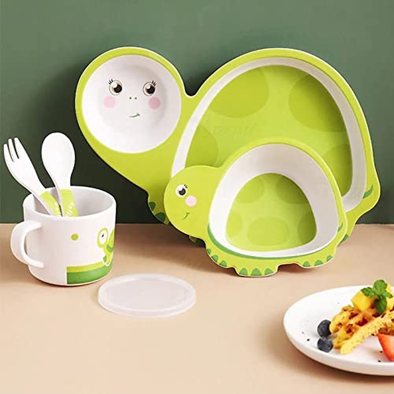 Cartoon Animal Turtle Bamboo Fiber Dinnerware Plate and Bowl Set for Kids Eco Friendly Non Toxic Self Feeding Baby Utensil Set of 5 Pcs - Multicolor