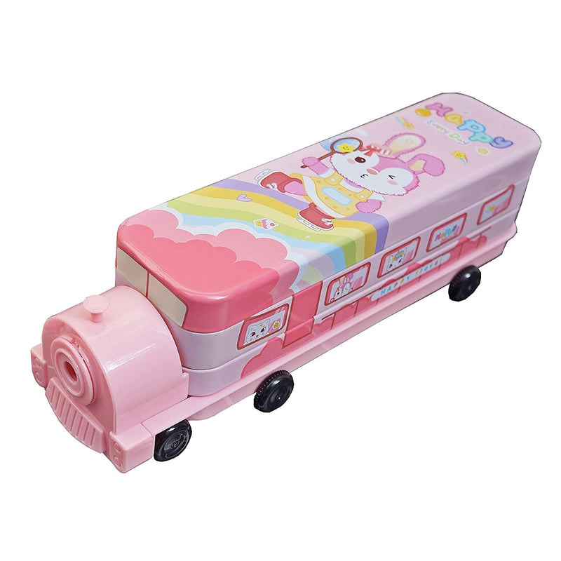 Multi-functional Metal Pencil Box Sharpener Insert Pencil Box Double Layers Stationery Item Train Engine Shape Geometry Box for Kids - Pink