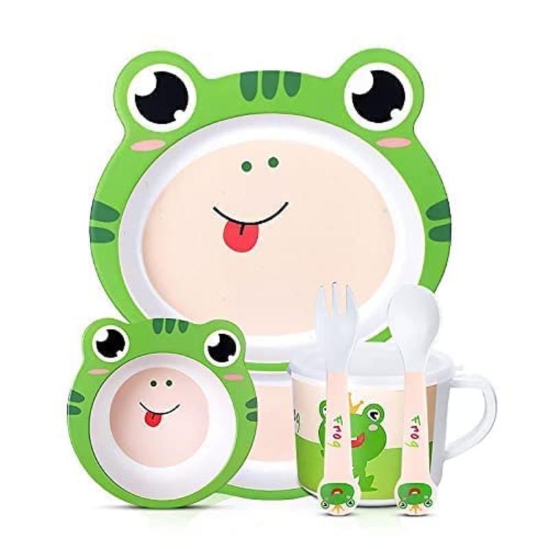 Cartoon Animal Frog Bamboo Fiber Dinnerware Plate and Bowl Set for Kids Eco Friendly Non Toxic Self Feeding Baby Utensil Set of 5 Pcs - Multicolor