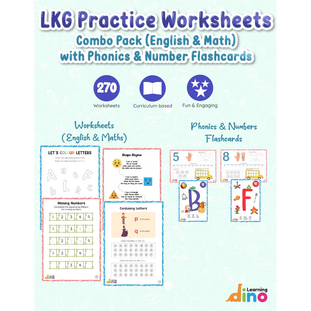 LKG Practice Worksheets Combo Pack (English & Math) with Phonics and Number Flashcards