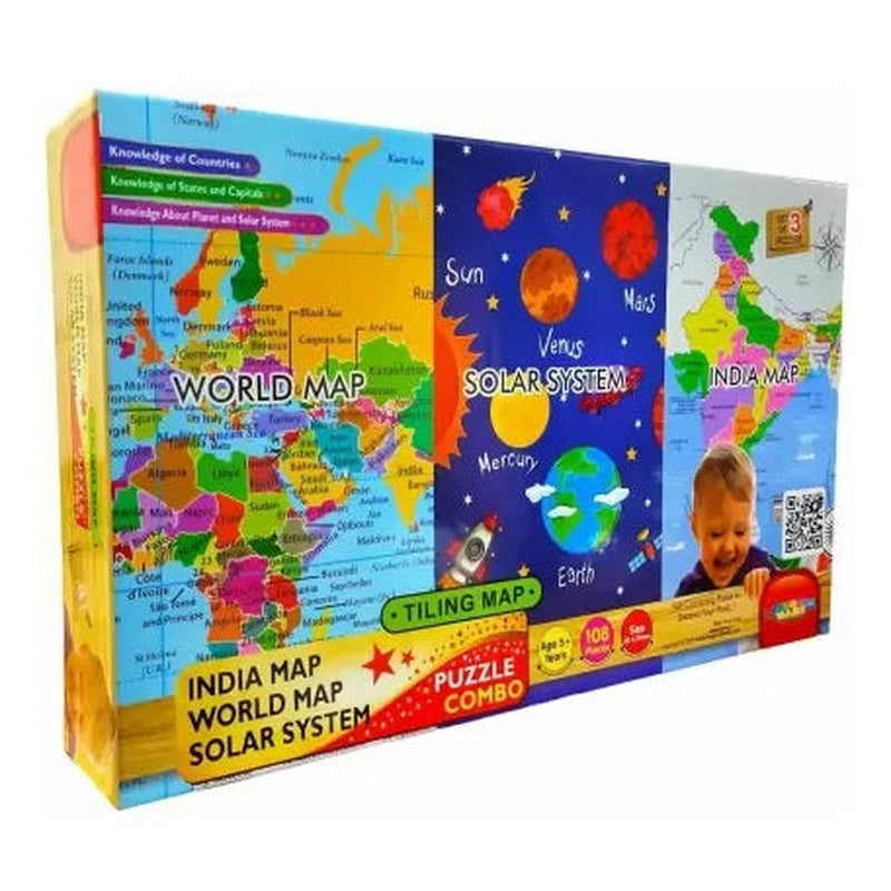 Play and Learning Jigsaw Puzzle Game Combo India Map World Map & Solar System (108 Pieces)