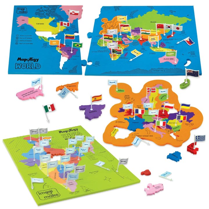 Mapology Combo: Map Puzzle of India and World with Capitals and Flags of Country