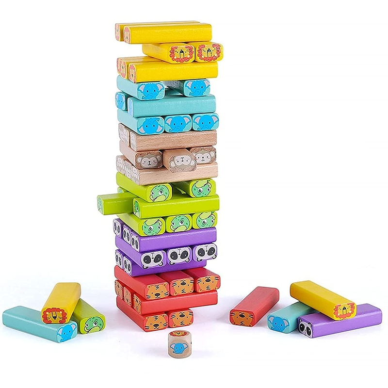 Animal Printed Educational Wooden Stacking Tumbling Tower Blocks Toys, Building Blocks for Kids (54 Pcs)