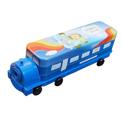 Multi-functional Metal Pencil Box Sharpener Insert Pencil Box Double Layers Stationery Item Train Engine Shape Geometry Box for Kids - Blue