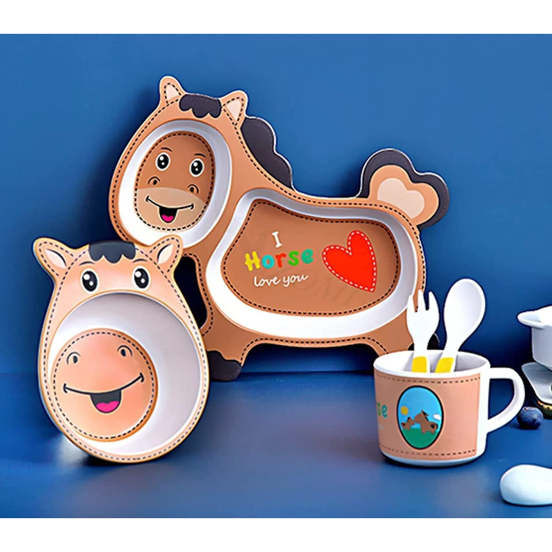 Cartoon Animal Horse Bamboo Fiber Dinnerware Plate and Bowl Set for Kids Eco Friendly Non Toxic Self Feeding Baby Utensil Set of 5 Pcs - Multicolor