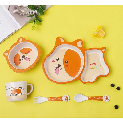 Cartoon Animal Puppy Bamboo Fiber Dinnerware Plate and Bowl Set for Kids Eco Friendly Non Toxic Self Feeding Baby Utensil Set of 5 Pcs - Multicolor