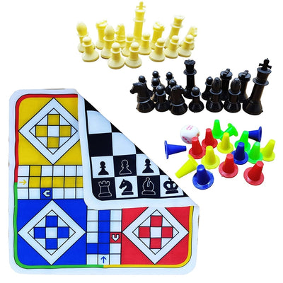 Multicolored 2 in 1 Ludo / Chess Foldable Play Mat Board Game with 16 Token, 1 Dice and 32 Chess Soldiers