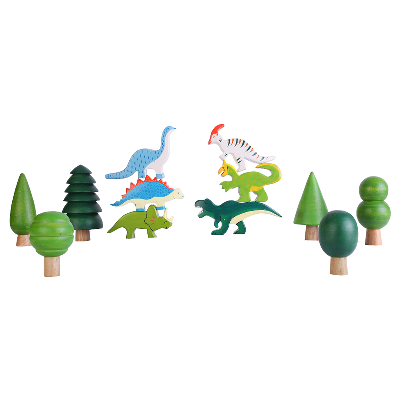 6 Wooden Dinosaurs and 3 Trees Set - B