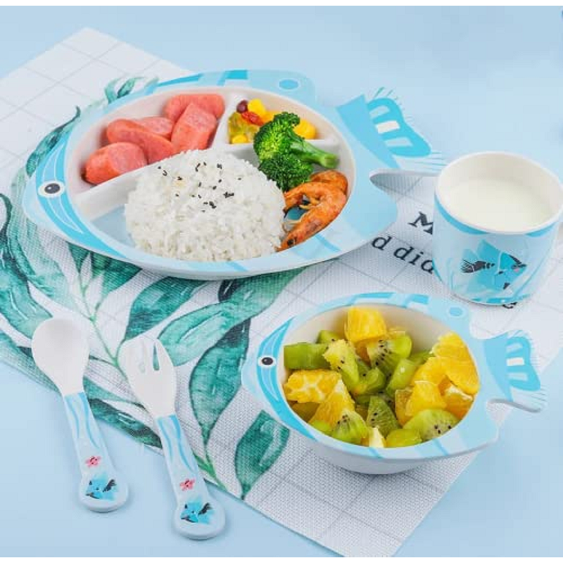 Cartoon Animal Fish Bamboo Fiber Dinnerware Plate and Bowl Set for Kids Eco Friendly Non Toxic Self Feeding Baby Utensil Set of 5 Pcs - Multicolor