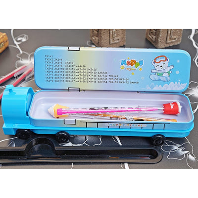 Multi-functional Metal Pencil Box Sharpener Insert Pencil Box Double Layers Stationery Item Train Engine Shape Geometry Box for Kids - Light Blue