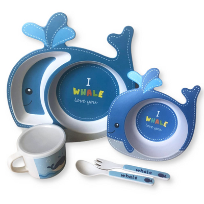 Cartoon Animal Whale Bamboo Fiber Dinnerware Plate and Bowl Set for Kids Eco Friendly Non Toxic Self Feeding Baby Utensil Set of 5 Pcs - Multicolor