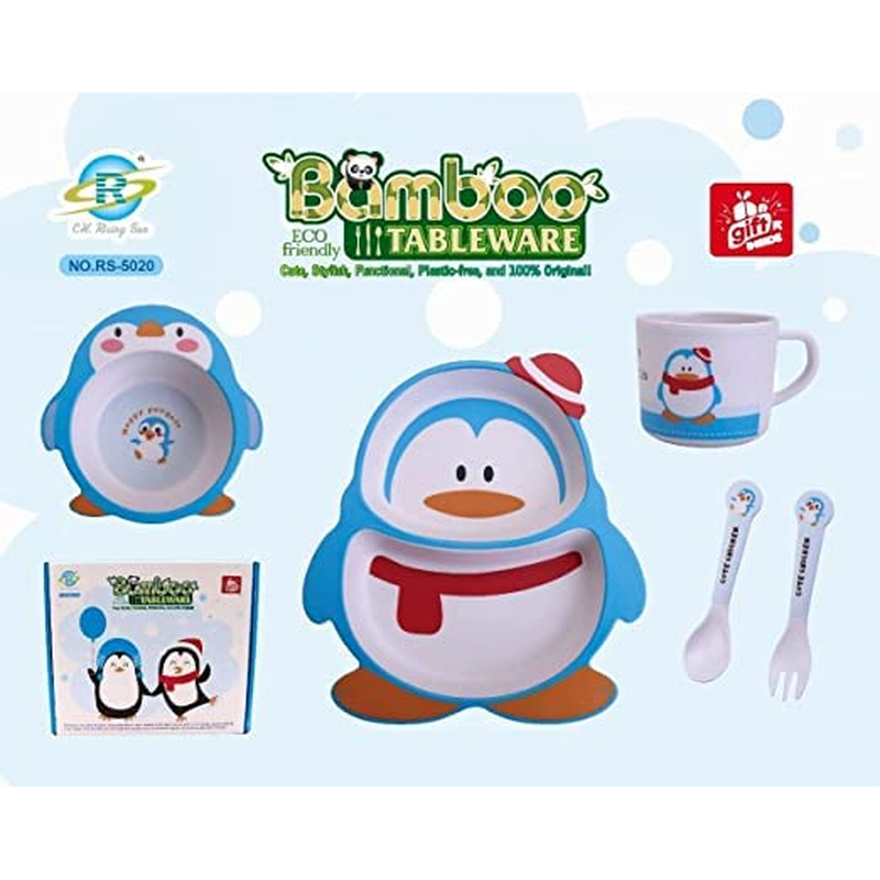 Cartoon Animal Pengiun Bamboo Fiber Dinnerware Plate and Bowl Set for Kids Eco Friendly Non Toxic Self Feeding Baby Utensil Set of 5 Pcs - Multicolor