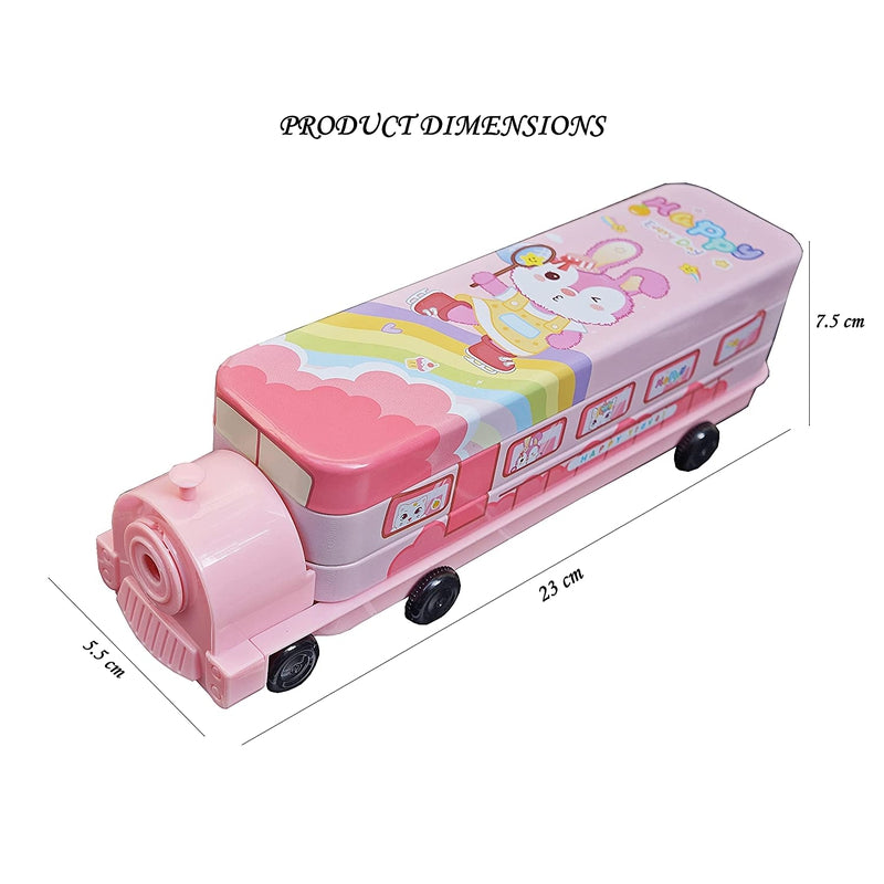 Multi-functional Metal Pencil Box Sharpener Insert Pencil Box Double Layers Stationery Item Train Engine Shape Geometry Box for Kids - Pink