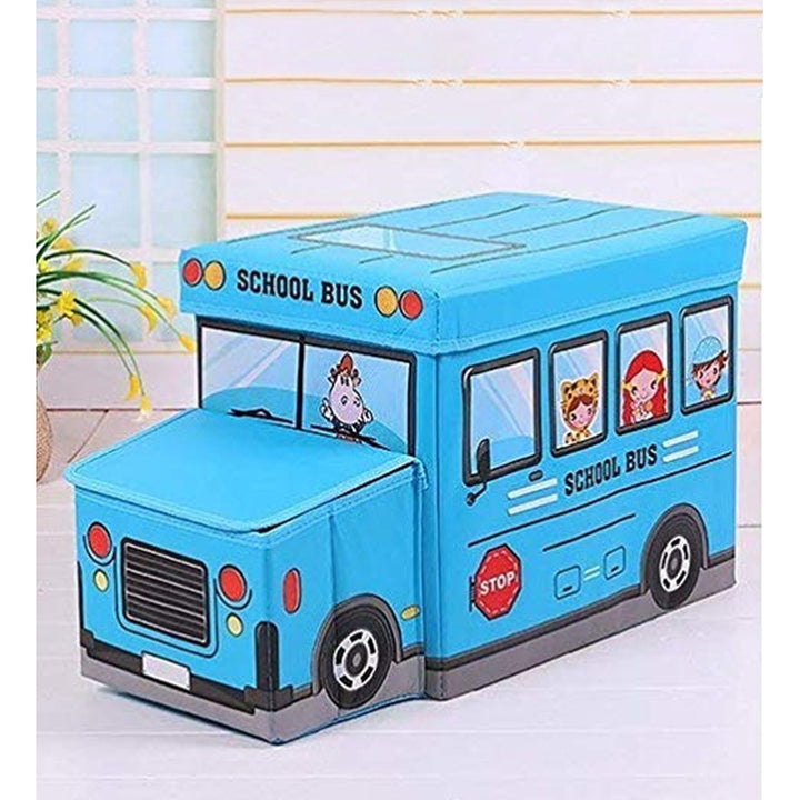 Portable Folding School Bus Laundry Orgainzer Cum Sitting Stool for Kid Toys, Games, Books Blue Storage Box Multipurpose Uses