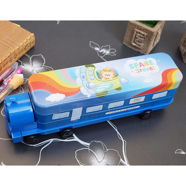 Multi-functional Metal Pencil Box Sharpener Insert Pencil Box Double Layers Stationery Item Train Engine Shape Geometry Box for Kids - Blue