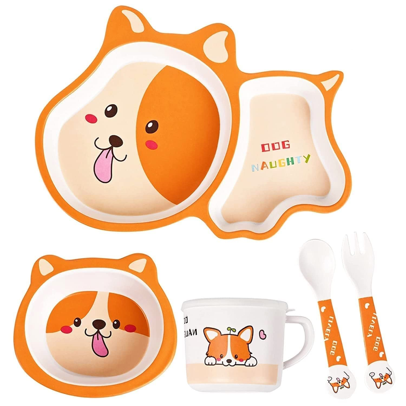 Cartoon Animal Puppy Bamboo Fiber Dinnerware Plate and Bowl Set for Kids Eco Friendly Non Toxic Self Feeding Baby Utensil Set of 5 Pcs - Multicolor