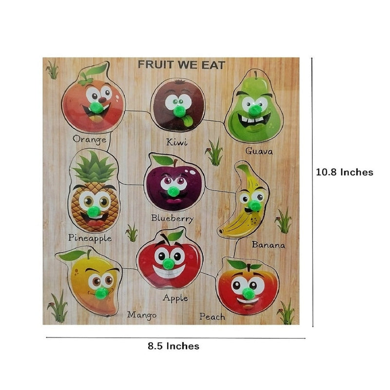 Wooden Jigsaw Puzzles Pre-school Early Learning Toy for Kids Toddlers Multicolor Fruits Name With Shapes Design-2 Educational Games