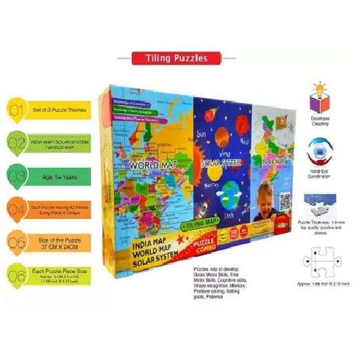 Play and Learning Jigsaw Puzzle Game Combo India Map World Map & Solar System (108 Pieces)