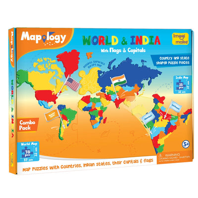Mapology Combo: Map Puzzle of India and World with Capitals and Flags of Country