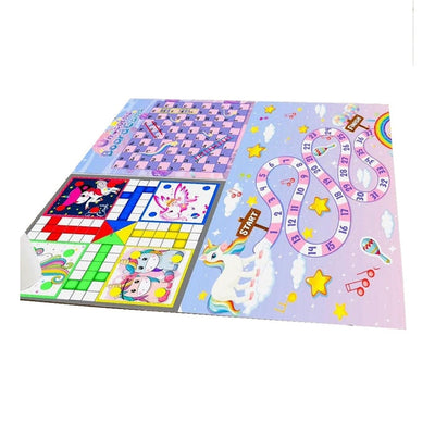 Unicorn Printed Jumbo 3 in 1 Ludo, Snake & Ladder Kids Play Mat Dice & Tokens, Reversible Big Size