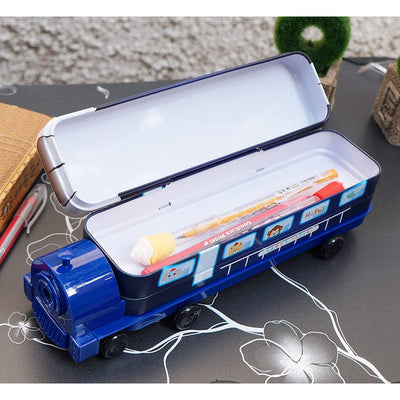 Multi-functional Metal Pencil Box Sharpener Insert Pencil Box Double Layers Stationery Item Train Engine Shape Geometry Box for Kids - Space Dark Blue