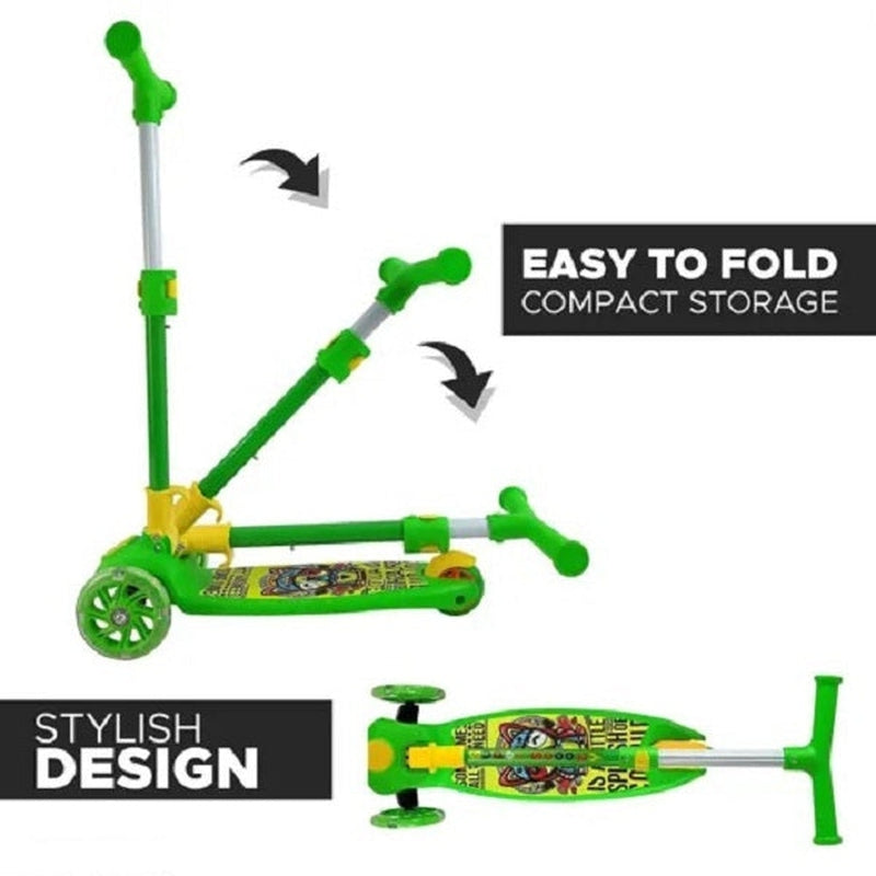 Kids Green Scooter  Adjustable & Fold-able Handle Green Printed Flashing LED Wheels Ride on Scooters