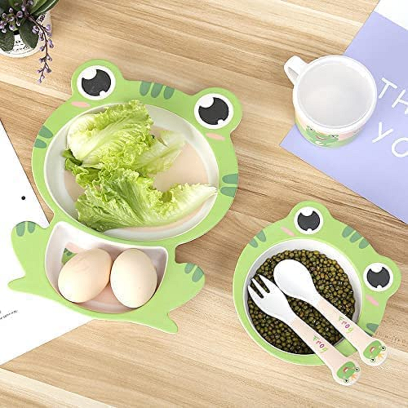 Cartoon Animal Frog Bamboo Fiber Dinnerware Plate and Bowl Set for Kids Eco Friendly Non Toxic Self Feeding Baby Utensil Set of 5 Pcs - Multicolor