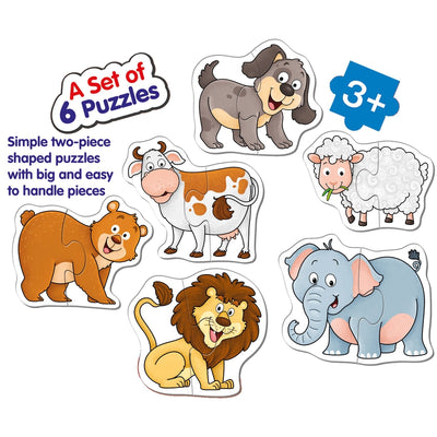 Animals - A Set of 6 Shaped Puzzles - 2 Pieces each