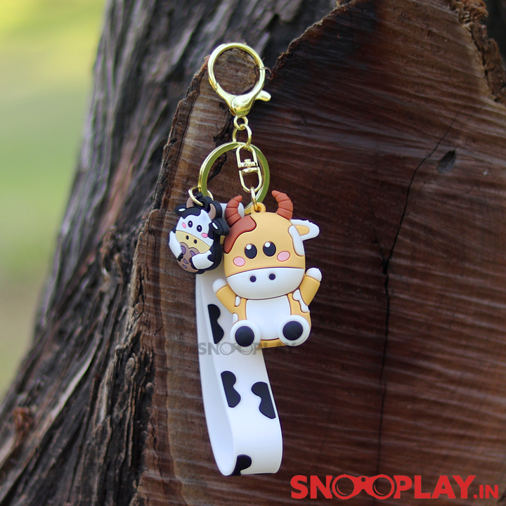 3D Cow Keychain with Lobster Clasp Hook & Charm - 2 Colour Variants