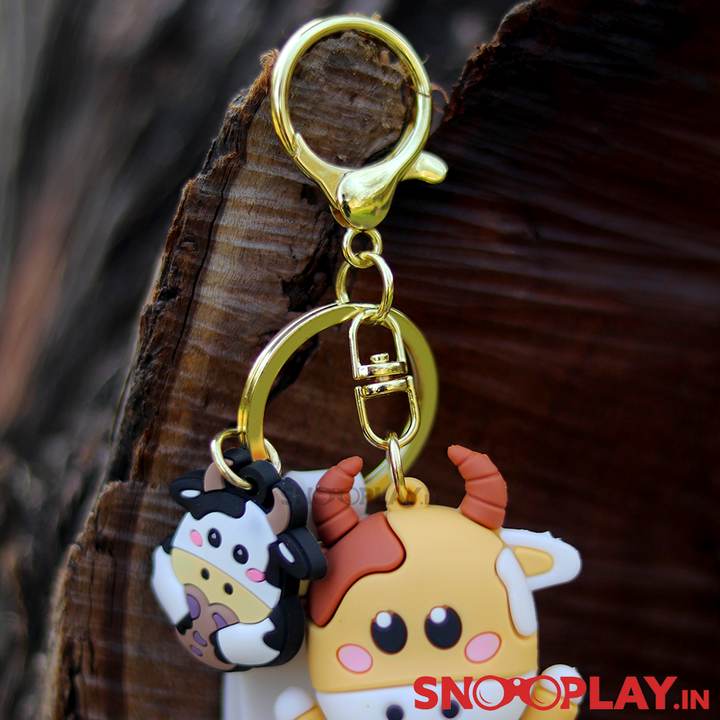 3D Cow Keychain with Lobster Clasp Hook & Charm - 2 Colour Variants