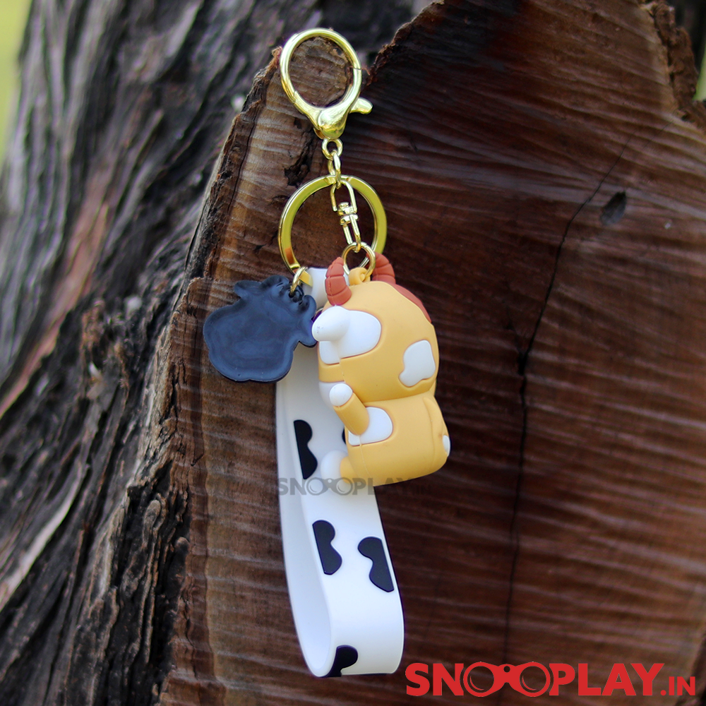 3D Cow Keychain with Lobster Clasp Hook & Charm - 2 Colour Variants